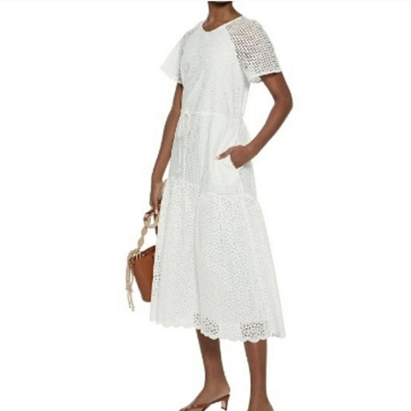 Diane Von Furstenberg Elegant White Eyelet Midi Tiered Dress Resortwear Sundress - Picture 1 of 14